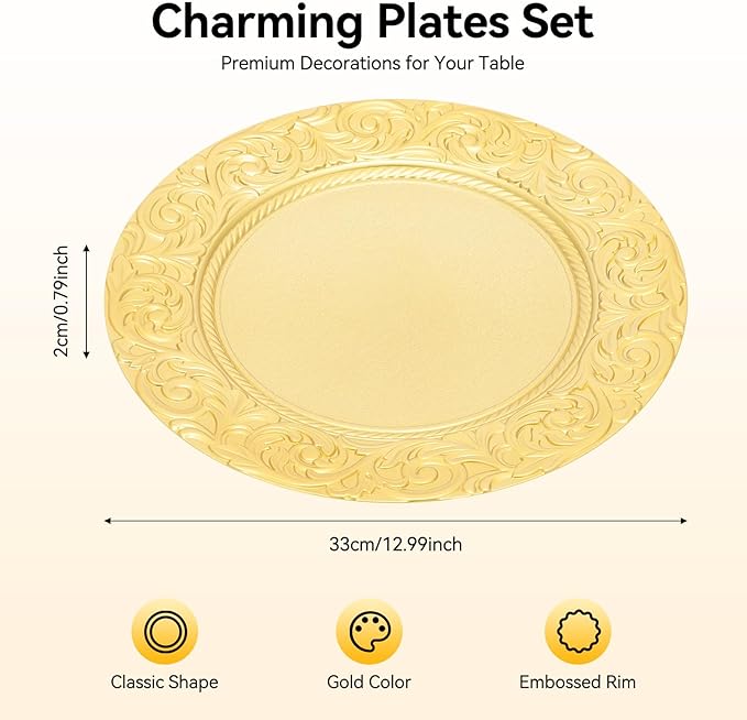 100pcs Gold Charger Plates, 13" Round Reusable Decorative Flower Relief Carving Bulk Chargers for Dinner Plates, Wedding, Bridal Shower