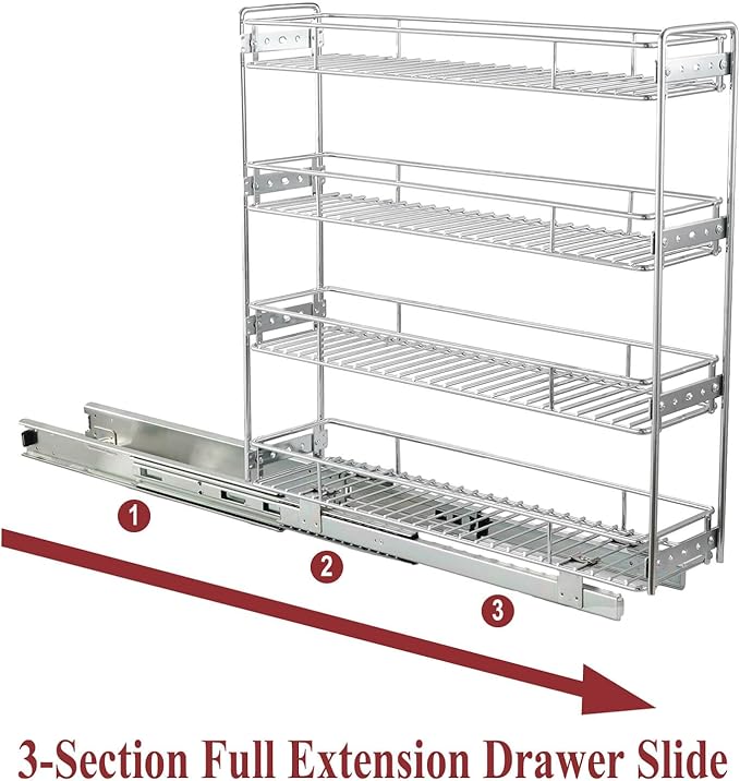 OCG 4-Tier Pull Out Kitchen Cabinet Spice Rack Holder Shelves (8" W x 21" D), Slide Out Slim Storage Wire Baskets for Storage Organization, Narrow Slide Out Storage for Narrow Space