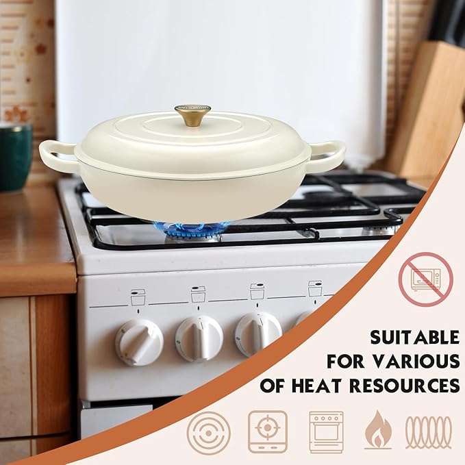 Overmont Enameled Cast Iron Dutch Oven - 3.8 Quart Dutch Oven Pot with Lid - Shallow Cookware Braising Pan - Cast iron Casserole with Cookbook & Heat-resistant Caps - Oven Safe up to 500째 F
