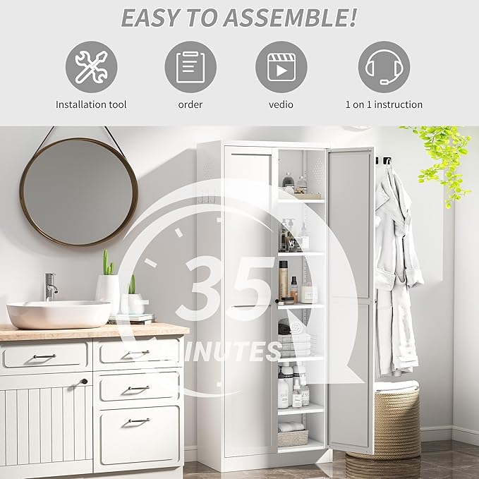 72 inch Tall Kitchen Pantry Cabinet, Metal Food Pantry Cabinet, Pantry Storage Cabinet with 5 Adjustable Shelves and 2 Doors, Utility Cupboard for Kitchen Laundry Living Room Bathroom, White