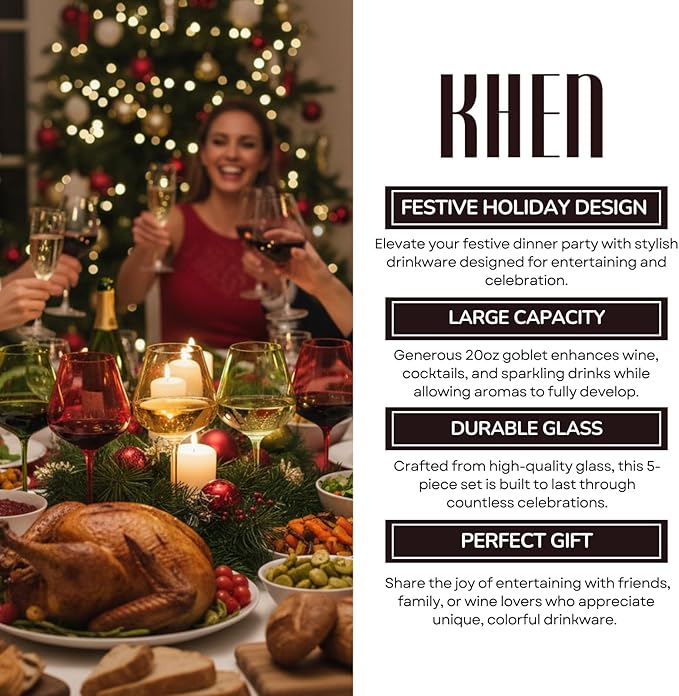 Khen Festive & Holiday Colored Wine Glasses Set of 5 In Luxurious Gift Box ??20oz Stemmed Goblets, Thanksgiving Dinner, Entertaining ??Wedding Red, Green & Gold Glassware for Party Celebrations