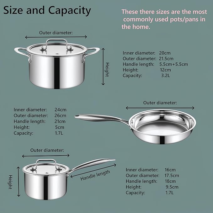 Cooking pots including glass lids, frying pan, set of 3 pots/pan, 횠16cm, 횠20cm, 횠26cm, dishwasher-safe, pots for induction, fully lined 3-ply stainless steel