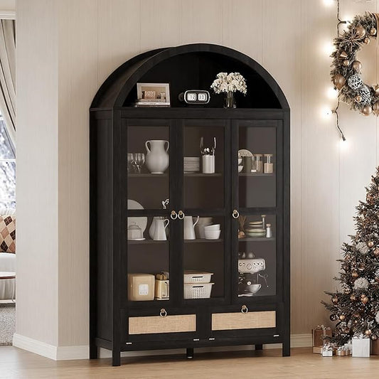 TYBOATLE 75 Inch Arched Cabinet Classic Farmhouse Design w/Three Glass Doors, Arch Cabinet w/Rattan Drawers and Anti-Tipping Device, Versatile Cupboard for Kitchen, Bathroom, Black