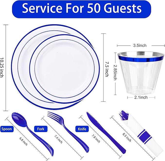 WELLIFE 350 Pieces Blue Plastic Plates - Disposable Silverware and Cups, Include: 50 Dinner Plates 10.25?? 50 Dessert Plates 7.5?? 50 Blue Cups 9 OZ, 50 Plastic Cutlery
