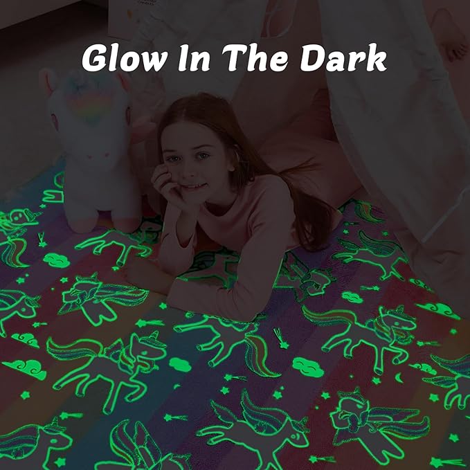 QSTEHEML Unicorns Glow in The Dark Blanket for Girls,Unicorn Gifts for Girls Age 3 4 5 6 7 8 9 10 11 12 Year Old, Soft Unicorns Rainbow Blanket - Christmas Birthday Bedroom Decor 50"횞60"