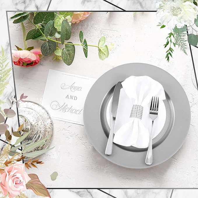 Tanlade 12 Pcs 13 Inch Charger Plates Bulk Round Wedding Chargers Plastic Dinner Plates for Table Setting Wedding Party Decoration (Silver White)