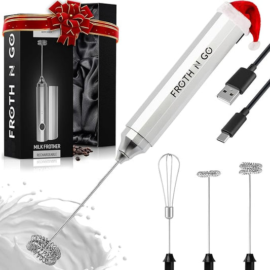 Zulay Froth N Go Milk Frother ??Rechargeable 3-in-1 Handheld Frother Wand with Travel Case & USB-C Charger ??Single, Double & Egg Whisk for Latte, Cappuccino, Matcha, Protein Shakes ??Silver