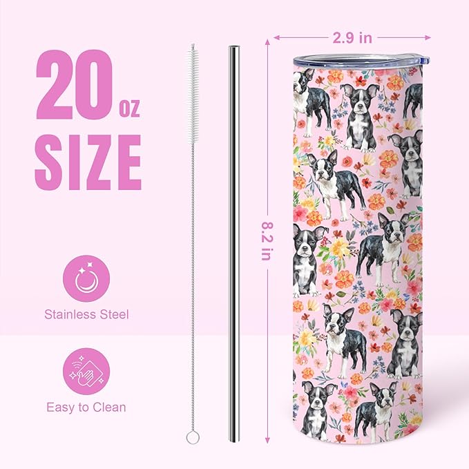 Yogusut Boston Terrier Gifts for Women, 20oz Stainless Steel Insulated Tumbler Travel Mug Cup with Lid Straw Brush, Gifts for Dog Mom Dog Lover