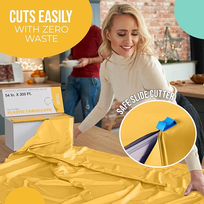 Party Solids 54 Inch X 300 Feet Yellow Plastic Table Cover Roll in A Cut - to - Size Box with Convenient Slide Cutter. Cuts Up to 36 Rectangle 8 Feet Plastic Disposable Tablecloths