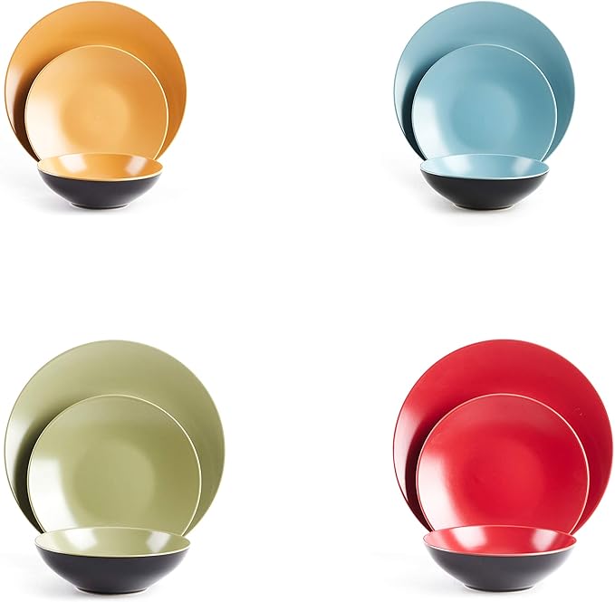 Stoneware Two-Tone Colors Life 12pc Dinnerware Set竊똎utside Shinny Black + Inside Matte Finished Very Funny - 4 Assorted Colors Turquoise, Olive, Curry, Red
