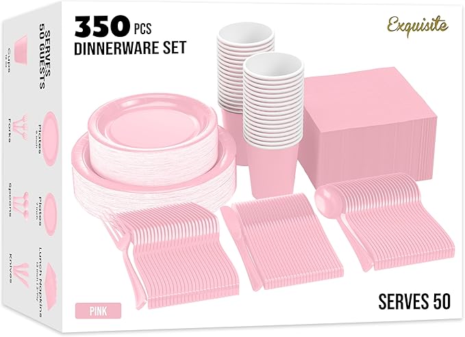 Exquisite 350 Pcs Pink Paper Plates For Party, Pink Disposable Plates Set, 50 Of Each 9" Dinner Plate Set, 7" Dessert Plate, Cups, Napkins & Cutlery Paper Dinnerware