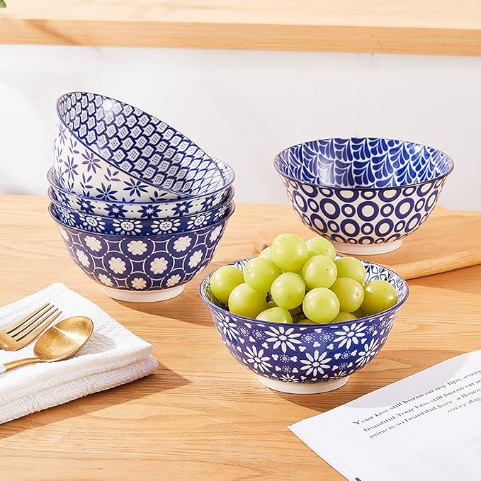 AntoKueh 6 inches Blue and White Ceramic Bowls, 23Oz Deep Cereal Porcelain Bowls set of 6, Large Soup Bowls for Salad, Fruit, Vintage