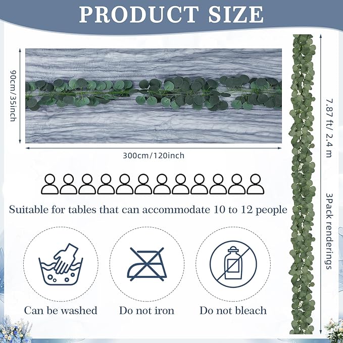 Gilprop 60 Pack Dusty Blue Cheesecloth Table Runner Decor Set 10 ft Table Runner & 7.9ft Artificial Eucalyptus Garland Boho Gauze Fabric Centerpiece for Wedding, Bridal Baby Shower, Party Decorations