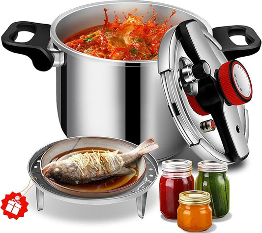 Pressure Cooker Stainless Steel 10 Qt, Commercial Stove Top Pressure Cooker for canning, One-Hand Locking, Compatible with Gas & Induction, Fast Cooking for Large Meals, Dishwasher Safe, PETERBOO