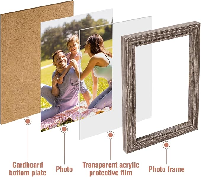 4x6 Four Picture Frame 4 Hinged Photo Frame with 4 Openings, Natural Wood Foldable Photo Frame with High Definition Acrylic for Birthday Father's Day Christmas Gift, Rustic Desk Family Picture Collage, Gray