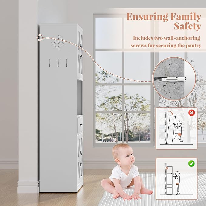 72" Tall White Steel Kitchen Pantry Storage Cabinet with Large Countertop and Adjustable Shelves, Metal Farmhouse Cabinets for Living Room, Bathroom, Heavy Duty Rustic Pantry
