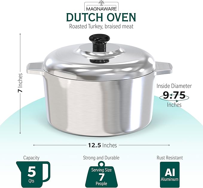 Cast Aluminum Dutch Oven with Lid - 5 Quart Lightweight Cookware Pot with Silicone Covers for Easy Handling - Even Heat Distribution & Retention - For Bread Baking, Stew, Simmering & More