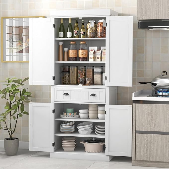 DORTALA 72??Tall Kitchen Pantry Cabinet, Wood Storage Cupboard w/ 4 Adjustable Shelves, 2 Cabinets & Drawer, Utility Freestanding Storage Cabinet for Kitchen, Hallway, Living Room, White