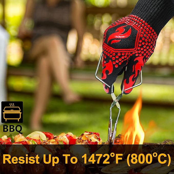 QUWIN BBQ Gloves, Oven Gloves 1472??Extreme Heat Resistant, Grilling Gloves Silicone Non-Slip Oven Mitts, Kitchen Gloves for BBQ, Grilling, Cooking, Baking-1 Pair??(One Size(Long Cuff), Red)