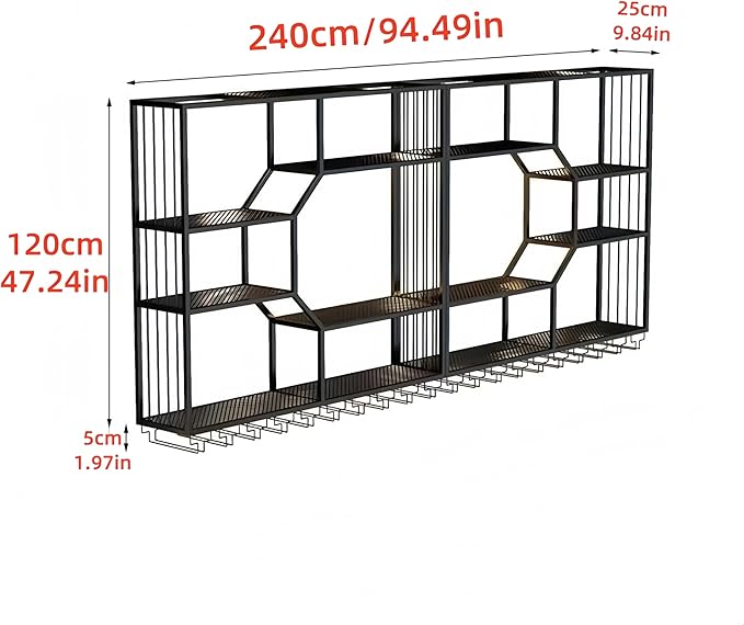 94 Inch Metal Wall-Mounted Wine Rack & Liquor Shelf, 5-Tier Large Bar Shelves for Liquor Bottles with Glass Holder, Alcohol Shelf for Home Bar & Dining Room, Black(Left+Right, No Lights)