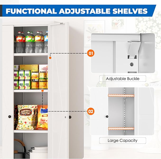 INTERGRAET 63" H Pantry Cabinet, Kitchen Pantry Storage Cabinets with 2 Doors and 4 Shelves, White Metal Storage Cabinet,Cupboard for Home,Kitchen,Living Room/Dining