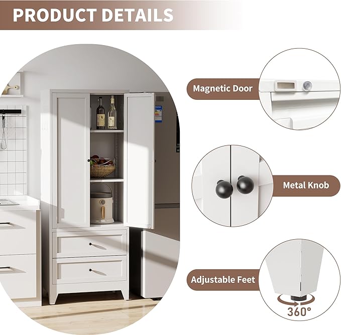 Kitchen Pantry Storage Cabinets with Drawers, 72" Tall Kitchen Cupboard Metal Pantry Cabinet with Adjustable Shelves, for Home Office Living Dining Room, Assembly Required(White)