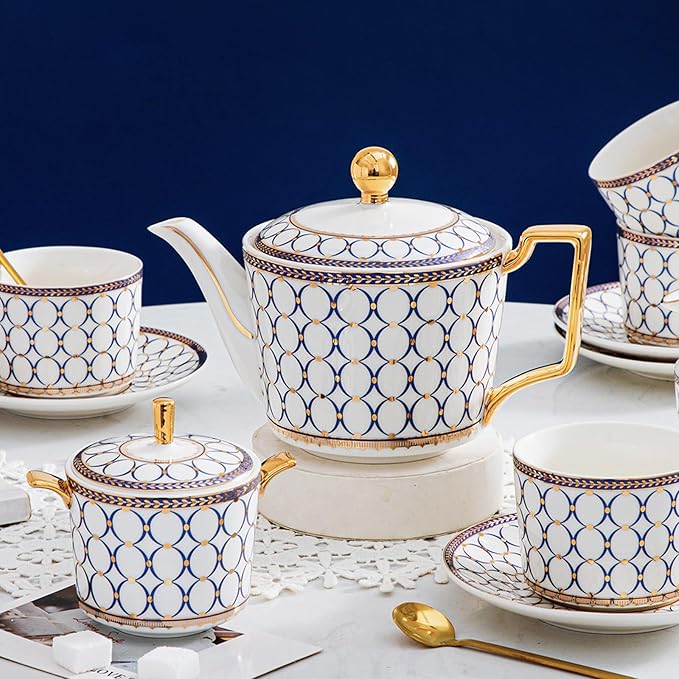CwlwGO-15 Pieces Porcelain Tea Service Set for 4, Bone China Coffee Tea Sets,Tea Cup Set with Teapot, Sugar Bowl, Creamer Pitcher And Gifts Box, Britain Tea Cups and Saucer Sets For Women,Adults.