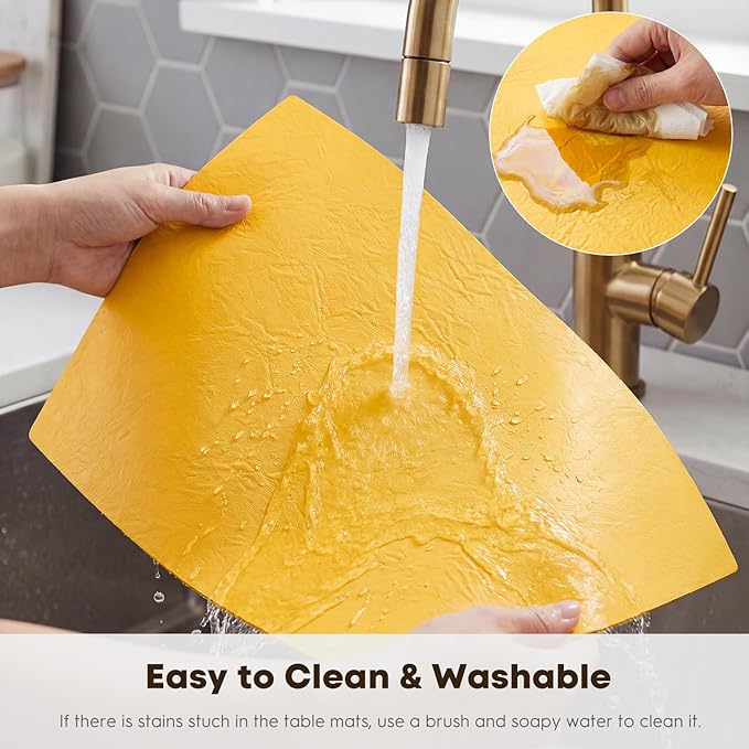 Artoid Mode Yellow Faux Leather Placemats Set of 4, 12x18 Inch Waterproof Wipeable Heat Resistant Place Mats, Reversible Table Mats for SummerKitchen Dining Decor