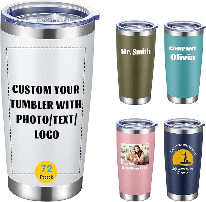 COMOOO Personalized 20oz Stainless Steel Tumbler with Lid, Insulated Tumbler Custom Gift with Text, Photo, Logo for Men, Women, Friends竊똚hite, 72 Pack