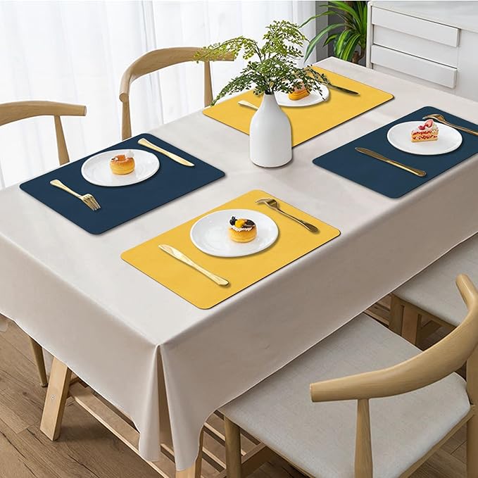 BLESWIN Faux Leather Placemats, PU Dining Table, Waterproof and Oil Resistant Easy to Clean, Heat Resistant Reversible Use Table Mats for Kitchen, Dining Table,Outdoor ??12 횞 17 Inch, Dark Blue&Yellow