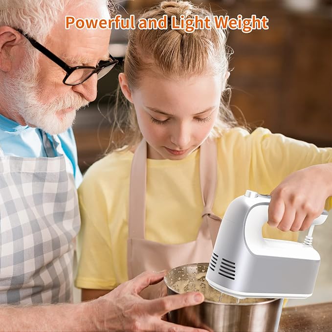 9-Speed Digital Hand Mixer Electric, 400W Powerful DC Motor, Baking Handheld with Snap-On Storage Case, 5 Stainless Steel Accessories, Flat Beaters, Dough Hooks, Whisk(Silvery White)