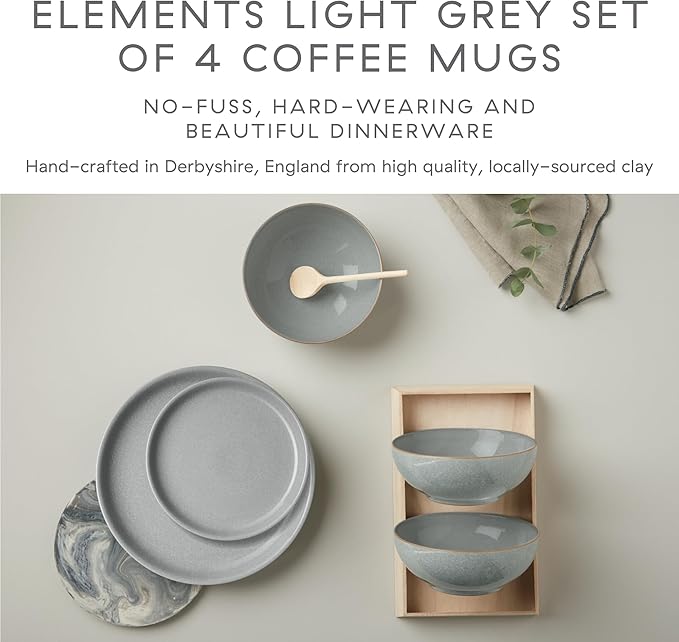 Denby - Elements Light Gray Large Coffee Mug Set of 4-11.15 Ounce Stoneware Tea Mug Set For Office & Home - Dishwasher Safe, Microwave Safe - Ceramic Tea Cups