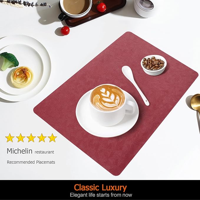 Uolr Vinyl Placemats Set of 12 Faux Leather 100% Waterproof Wipeable Washable Place Mats Heat Resistant Easy Clean Non-Slip Table Mats for Indoor Outdoor. (12,Red)