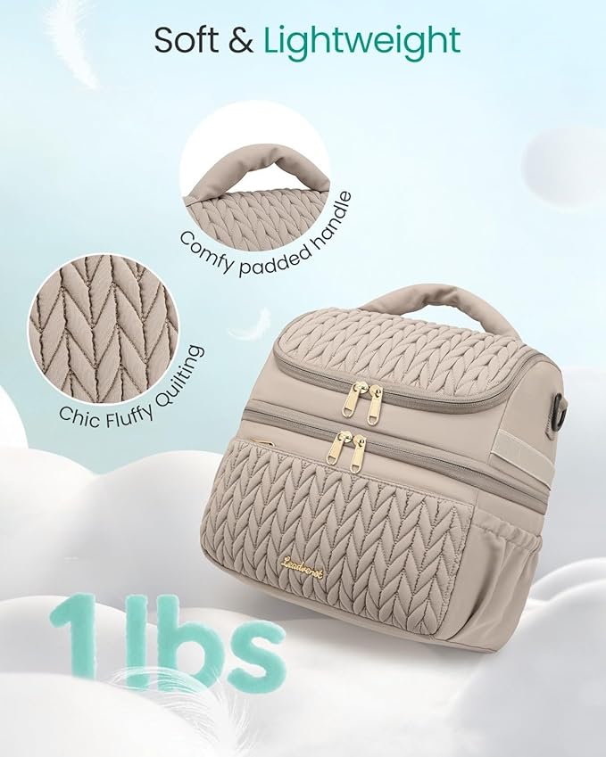 LEADVENST Lunch Bag Women, Double Deck Insulated Lunch Box - Large Capacity 12L with Detachable Divider for Tall Items, Leakproof, Durable & Reusable Cooler Bag For Work Picnic Travel, Quilted Khaki