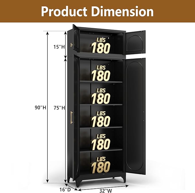 Kitchen Pantry Cabinet, 90" Tall Metal Pantry Cabinet, Food Cupboards with Doors and Shelves, Freestanding Storage Cabinets for Dining, Living Room, Black,16"D x 32"W x 90"H, Assembly Required