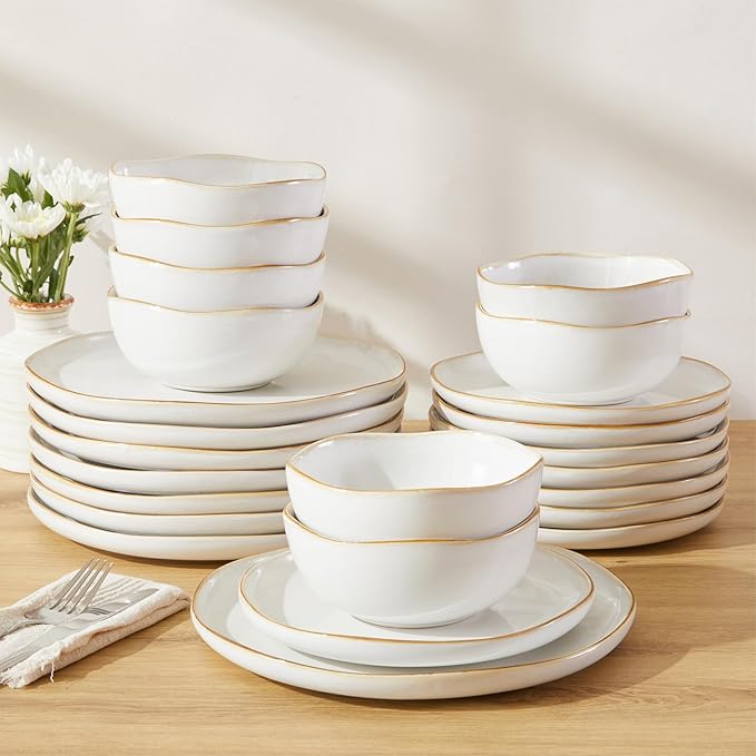 24 Piece White Ceramic Plates and Bowls Sets for 8, Reactive Glaze Stoneware with Coastal?멛ine Look | Ideal for Holiday Entertaining, Thanksgiving, and Large Family Meals