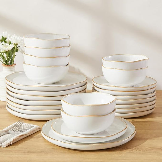 24 Piece White Ceramic Plates and Bowls Sets for 8, Reactive Glaze Stoneware with Coastal?멛ine Look | Ideal for Holiday Entertaining, Thanksgiving, and Large Family Meals