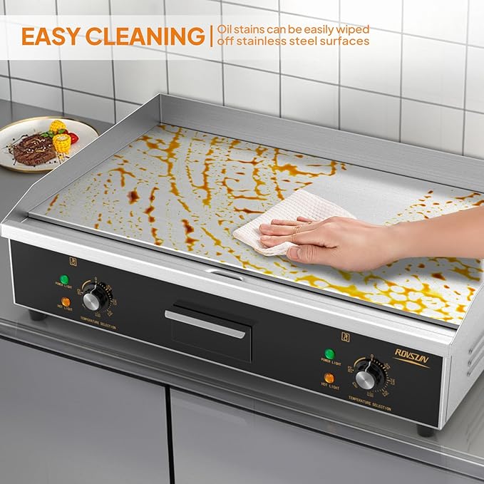 ROVSUN 30" Electric Countertop Flat Top Griddle, 3000W Electric Griddle, Teppanyaki Grill Stainless Steel with Adjustable Temperature Control 122째F-572째F for Commercial Home Restaurant, Plug