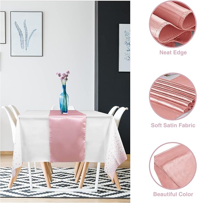 8Pack Disposable Plastic Tablecloths and Satin Table Runner Set White and Rose Gold Dot Tablecloth Rose Gold Satin Table Runner for Wedding Birthday Anniversary Christmas New Year Party Decorations