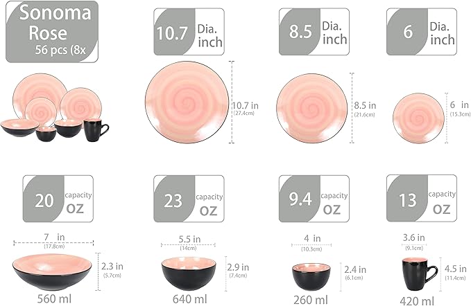 Stoneware Sonoma Dinnerware Set, Black + Speckled Spin Wash (56pc Set, Rose)