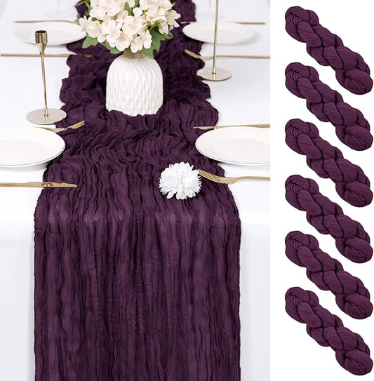 RealBox 6 Pack Dark Purple Cheesecloth Table Runner 17x108 Inch Semi Sheer Boho Gauze Cheese Cloth Fabric Table Runners Table Decor for Wedding Party Baby Shower Birthday Home Decor Garden Farmhouse