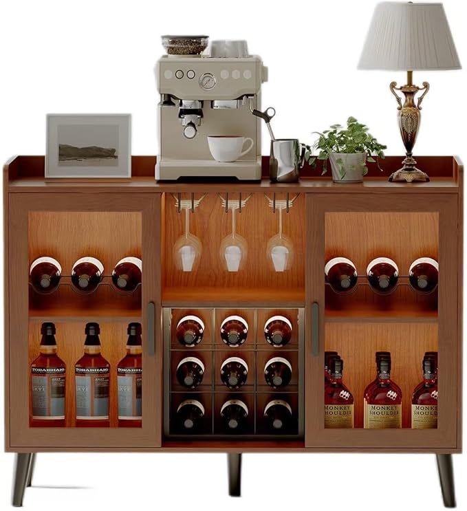 Wine Bar Cabinet with LED Lights, 47 Inch Freestanding Sideboard Buffet with Wine Rack & Glass Holder, Multi-Functional Storage Cabinet for Dining Room Living Room Kitchen, Walnut Color