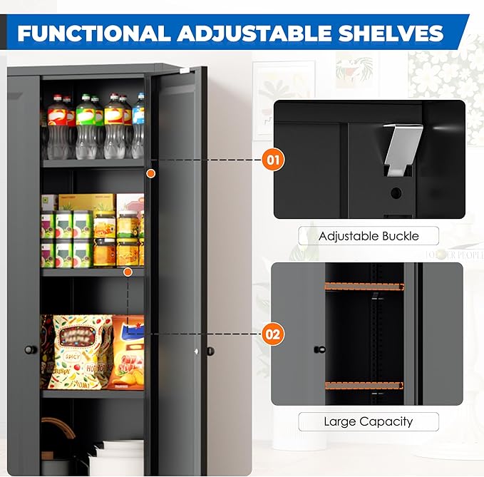 INTERGRAET Kitchen Pantry Cabinet, 63" Tall Metal Pantry Storage Cabinets with 2 Doors and 4 Shelves, Black Metal Storage Cabinet,Cupboard for Home,Kitchen,Living Room/Dining