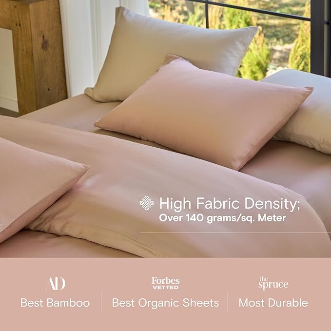 DOZ Sheet Set, 100% Viscose derived from Bamboo, Organically Grown, Buttery Soft, Cooling Sheets, High GSM, Deep Pockets - 3 Piece - 2 Pillowcases 1 Fitted Sheet (Blush, Full)