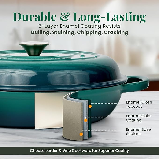 Larder & Vine Enameled Cast Iron Braiser | 3.6 qt Braiser Pan with Lid | Shallow Dutch Oven Compatible on All Cooktops | Casserole Dish Oven Safe to 500째 F | Dual Handles | Bondi