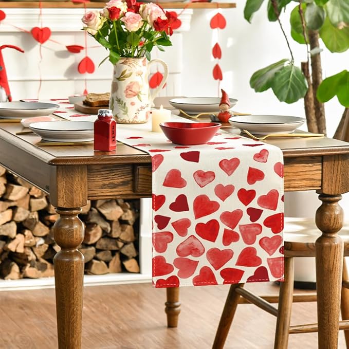 Artoid Mode Red Heart Valentine's Table Runner, Seasonal Anniversary Wedding Kitchen Dining Table Decoration for Home Party Decor 13x108 Inch