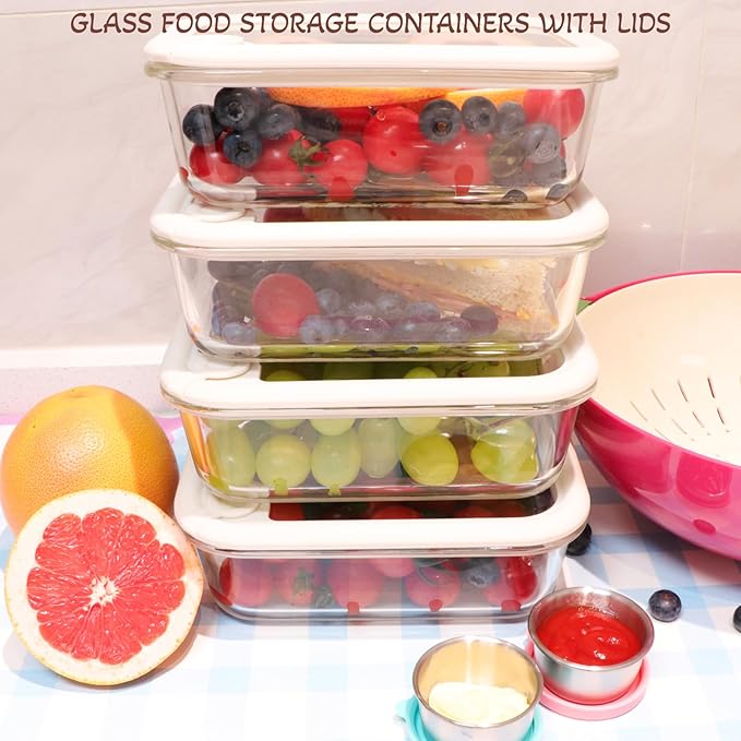 Glass Food Storage Containers with Silicone Glass Lids, 304 Stainless Steel Salad Dressing Containers, Microwave-safe LeakProof Food Containers Set, 100% Plastic Free-4-pack（White）