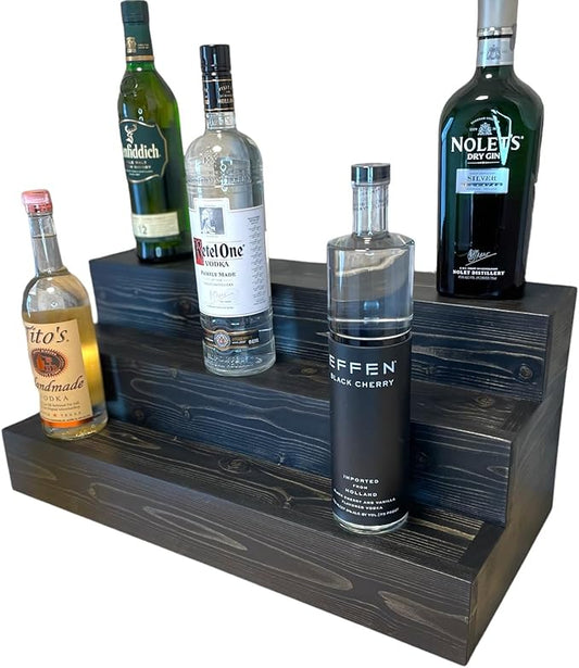 Handmade Tiered Display Shelving - Three Tier Bar Display - Bar Organizer - Liquor Bottle Display (24" without Back, Black)