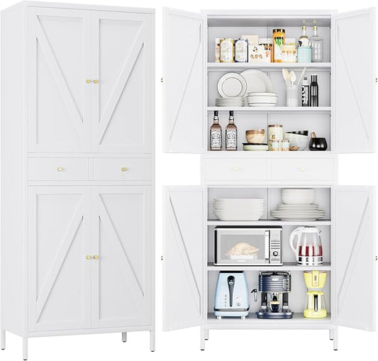 METAN Kitchen Pantry Storage Cabinet with 2 Drawers for Kitchen,Living Room,Metal Storage Cabinets with 4 Adjustable Shelves,Assembly Required,White