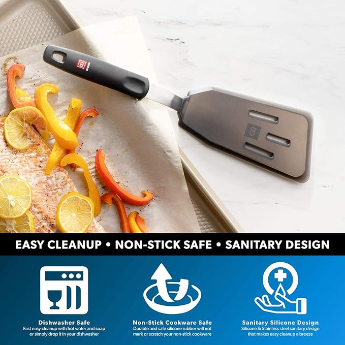 DI ORO Silicone Fish Spatula - for Nonstick Cookware - Fish Turner Spatula 600째F Heat-Resistant BPA Free - Slotted for Cooking - Non Stick Thin Egg Flipper (Black)